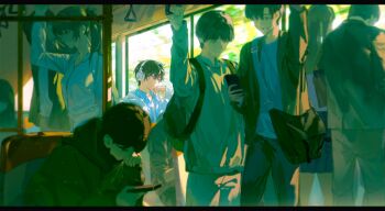 1boy 6+boys absurdres backpack bag black_hair cellphone collared_shirt highres holding holding_bag holding_phone hood hood_down hoodie jacket letterboxed long_sleeves male_focus multiple_boys original pants phone school_bag shirt short_hair shoulder_bag sitting standing t-shirt train_interior white_shirt xiaojiaju