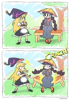 2girls ajirogasa apron arms_behind_back bench black_hair black_hat black_sandals black_shoes black_skirt black_vest blonde_hair breaking breasts buttons capelet crossed_arms green_eyes grey_shirt grey_skirt hat hat_ornament hat_ribbon highres kirisame_marisa long_earlobes long_hair long_skirt low_ponytail multiple_girls orange_socks outdoors pale_skin ponytail puffy_short_sleeves puffy_sleeves purple_ribbon quarium red_capelet ribbon sandals shirt shoes short_sleeves sitting skirt smile socks standing star_(symbol) star_hat_ornament surprised thick_thighs thighs touhou tree vest waist_apron white_shirt wide_hips witch_hat yatadera_narumi