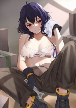 arknights arm_strap bare_shoulders black_hair black_shoes breasts brown_overalls brown_pants camisole cleavage commission cosplay crop_top eunectes_(arknights) eunectes_(arknights)_(cosplay) eunectes_(forgemaster)_(arknights) fire_emblem hand_on_goggles highres holding holding_wrench kauru00 looking_to_the_side medium_breasts midriff female_morgan_(fire_emblem) navel nintendo overalls pants red_eyes shoes short_hair sitting sleeveless sweat tool_belt tools wrench