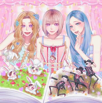 Rule 34 | 3girls, animal costume, animification, aoi toramatsu, artist name, bead necklace, beads, blonde hair, blue dress, blue eyes, blue hair, book, bow, bright pupils, collarbone, confetti (misamo), corset, doll, dress, fingerless gloves, gloves, green corset, halter dress, halterneck, highres, jewelry, long hair, looking down, mina (twice), misamo, mole, mole on nose, momo (twice), multiple girls, necklace, open book, open mouth, pink corset, pointing, purple eyes, rabbit costume, real life, red bow, sana (twice), short hair, skeleton, smile, twice (group), watermark, white gloves, white pupils