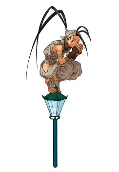 1girl antenna_hair armor bandana barefoot black_hair breasts clothing_cutout dougi elbows_on_knees foot_wraps game_cg gloves hair_pulled_back hand_to_own_mouth high_ponytail highres hip_vent ibuki_(street_fighter) japanese_armor kote lamppost long_hair looking_to_the_side mask motoyui ninja nishimura_kinu non-web_source official_art ponytail simple_background solo squatting street_fighter street_fighter_iii_(series) white_background wrist_wrap