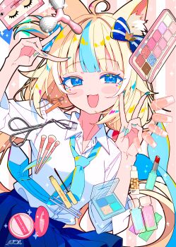 1girl :3 :d absurdres ahoge alternate_costume animal_ear_fluff animal_ears blonde_hair blue_bow blue_eyes blue_hair blue_necktie blue_skirt blunt_bangs blush_stickers bow cat_ears collared_shirt commentary cosmetics cowboy_shot double_v fang fins fish_girl fish_tail gyaru hair_bow hands_up highres ichijo_rei indie_virtual_youtuber long_hair looking_at_viewer multicolored_hair necktie open_mouth pleated_skirt sameko_saba shirt signature skirt smile solo streaked_hair striped_background striped_bow tail three-quarter_sleeves two-tone_hair v vertical-striped_background virtual_youtuber white_shirt