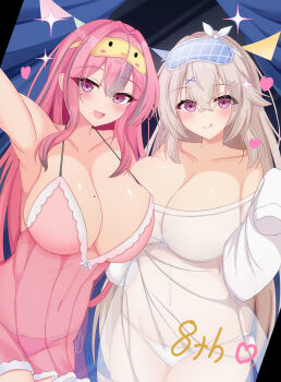2girls :d :q alternate_costume anchorage_(azur_lane) anchorage_(sweet_evening_milk)_(azur_lane) arm_up armpits azur_lane babydoll bare_shoulders blush bra bra_visible_through_clothes breasts bremerton_(azur_lane) brown_hair cleavage closed_mouth collarbone commentary_request covered_navel cowboy_shot crossed_bangs grey_hair hair_between_eyes hair_down hair_intakes hair_ornament hairclip highres large_breasts long_hair long_sleeves looking_at_viewer loungewear manjuu_(azur_lane) mole mole_on_breast mole_under_eye multicolored_hair multiple_girls nao_(naobinarydigit) off_shoulder open_mouth panties partial_commentary pink_babydoll pink_eyes pink_hair pink_panties purple_eyes see-through_clothes see-through_shirt shirt side-tie_panties sidelocks sleep_mask sleeves_past_fingers sleeves_past_wrists smile sparkle standing strapless strapless_bra streaked_hair tongue tongue_out two-tone_hair underwear very_long_hair very_long_sleeves white_bra white_panties white_shirt