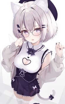 1girl absurdres ahoge animal_ears black-framed_eyewear black_bow black_bowtie black_nails black_skirt blush bow bowtie breasts cardigan cat_ears cat_girl cat_tail cleavage cleavage_cutout clothing_cutout collared_shirt commentary glasses grey_cardigan grey_hair hair_between_eyes hair_intakes hair_ornament hairclip hands_up hat heart_cutout highres looking_at_viewer medium_breasts mihasu nail_polish open_cardigan open_clothes open_mouth original parallel_hairclips purple_eyes shirt short_hair sidelocks simple_background skirt sleeves_past_wrists solo standing symbol-only_commentary tail thighhighs thighs white_background white_shirt white_thighhighs x_hair_ornament
