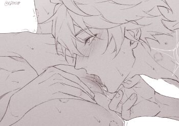 2boys absurdres adam&#039;s_apple bite_mark bite_mark_on_neck bite_mark_on_thigh blush clitoris commentary cunnilingus cuntboy cuntboy_with_male fingering greyscale highres honkai:_star_rail honkai_(series) male_focus mole mole_on_pussy monochrome multiple_boys mydei_(honkai:_star_rail) oral phainon_(honkai:_star_rail) pussy pussy_juice rd11011 simple_background sweat twitter_username vaginal white_background