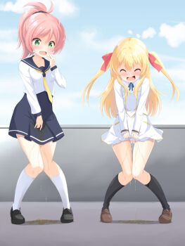 2girls between_legs black_footwear black_socks blonde_hair blue_ribbon blue_sailor_collar blue_skirt blue_sky blush breasts brown_footwear closed_eyes cloud collarbone day drooling embarrassed female_focus flat_chest full_body gluteal_fold hair_between_eyes hair_ribbon hand_between_legs hand_to_own_mouth hand_up have_to_pee joukamachi_no_dandelion kneehighs knees_together_feet_apart long_hair long_sleeves multiple_girls neck_ribbon necktie open_mouth outdoors panties pantyshot peeing peeing_self peeing_together pink_hair ponytail puddle red_ribbon ribbon sailor_collar sakurada_hikari sakurada_misaki saliva school_uniform scrunchie serafuku shirt shoes skirt skirt_tug sky small_breasts socks standing tears tenjou_ryuka two_side_up underwear v_arms wet wet_clothes white_footwear white_panties white_shirt white_skirt yellow_neckwear