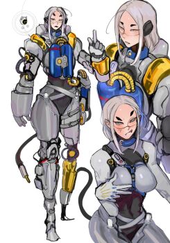 1girl breasts covered_navel cyborg highres leotard looking_at_viewer mechanical_arms mechanical_legs medium_breasts mouse_girl original oxygen_tank sfour_s4 short_hair simple_background solo speech_bubble tail white_background white_hair wire