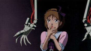 1980s_(style) 1girl animated animated_gif brown_hair kitazume_hiroyuki lowres oldschool oomori_hidetoshi retro_artstyle robot robot_carnival
