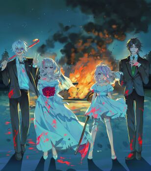 2boys 2girls ^_^ absurdres ahoge alternate_costume arm_behind_back arson axe backlighting bare_shoulders battle_axe black_bow black_bowtie black_hair black_jacket black_pants black_shoes blazer blood blood_in_hair blood_on_chest blood_on_clothes blood_on_face blood_on_ground blood_on_hands blood_on_leg blood_splatter bloody_clothes bloody_dress bloody_tears bloody_weapon bouquet bow bowtie breasts bridal_veil burning car choker closed_eyes closed_mouth collarbone collared_shirt crowbar dress earrings empty_eyes expressionless eyepatch fire floating_hair flower footwear_bow forest formal_clothes frown full_body grass green_necktie grin hair_between_eyes hair_flower hair_ornament hand_on_own_chest heart heart_ahoge highres holding holding_bouquet holding_crowbar jacket jewelry kaelix_debonair lapels leg_ribbon long_dress long_hair long_sleeves looking_at_viewer loose_bowtie maria_marionette medical_eyepatch medium_breasts medium_hair middle_part motor_vehicle multiple_boys multiple_girls nature necklace necktie night nijisanji nijisanji_en off-shoulder_dress off_shoulder one_eye_covered open_clothes open_collar open_jacket open_mouth outdoors pants papercider parted_bangs pearl_necklace pink_blood pink_eyes pink_flower pink_hair pink_rose pink_streaks puffy_short_sleeves puffy_sleeves purple_eyes purple_streaks reimu_endou ribbon rose shirt shoes short_dress short_hair short_sleeves single_earring smile smoke standing star_(sky) suit thigh_strap torn_clothes torn_dress twitter_username v veil virtual_youtuber walking weapon wedding_dress white_bow white_choker white_dress white_flower white_hair white_ribbon white_shirt white_shoes white_veil wind wolf_cut zeal_ginjoka