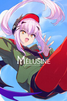1girl baseball_cap black_hat black_shirt black_shorts blue_sky breasts character_name dragon_wings echo_(circa) fate/grand_order fate_(series) forked_eyebrows green_jacket hat jacket jewelry long_hair long_sleeves looking_at_viewer melusine_(fate) melusine_(over_the_same_sky)_(fate) open_mouth pantyhose ponytail red_pantyhose shirt short_shorts shorts sidelocks sky sleeveless sleeveless_shirt small_breasts smile solo thighs white_hair wings yellow_eyes