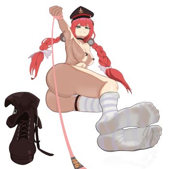 1girl absurdres boots braid feet green_eyes hat highres leash long_hair looking_at_viewer military_hat paintcaramel panties pantyshot parted_lips pasties pov red_hair shoes single_boot single_shoe socks soles toes twin_braids ukinami_yuzuha underwear unworn_boots unworn_shoes viewer_on_leash white_socks zenless_zone_zero