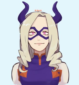 Rule 34 | 1girl, artist name, ayarain, blonde hair, blue background, bodysuit, boku no hero academia, commentary, domino mask, drill hair, english commentary, eye mask, fake horns, formal clothes, highres, horns, long hair, looking at viewer, mask, mount lady, multicolored bodysuit, pink eyes, purple bodysuit, simple background, smile, solo, suit, upper body, white suit