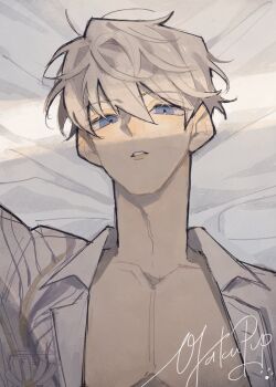 1boy artist_name bed_sheet blue_eyes collared_shirt grey_hair hair_between_eyes highres looking_at_viewer love_and_deepspace male_focus on_bed open_clothes open_shirt otakupup parted_lips pectorals shirt short_hair solo upper_body white_shirt xavier_(love_and_deepspace)