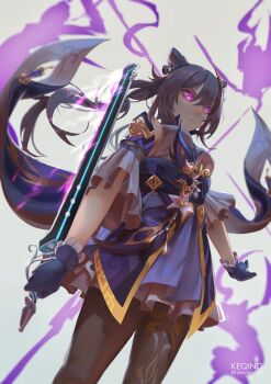 1girl armpit_peek blue_gloves breasts cone_hair_bun cowboy_shot floating_clothes frilled_gloves frills from_below genshin_impact gloves glowing glowing_eyes hair_bun highres holding holding_sword holding_weapon keqing_(genshin_impact) leggings looking_ahead mazumaro medium_breasts pantyhose purple_eyes purple_hair solo sword twintails v-shaped_eyebrows weapon