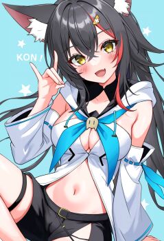 1girl animal_ear_fluff animal_ears aqua_neckerchief beaterpx black_hair black_shorts blush breasts cleavage collarbone cosplay detached_sleeves fox_shadow_puppet hair_between_eyes hair_ornament highres hololive long_sleeves looking_at_viewer medium_breasts multicolored_hair navel neckerchief ookami_mio open_mouth red_hair shirakami_fubuki shirakami_fubuki_(1st_costume) shirakami_fubuki_(cosplay) shirt short_shorts shorts smile solo stomach thigh_strap white_shirt wide_sleeves wolf_ears wolf_girl yellow_eyes