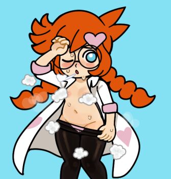 1girl artist_request black-framed_eyewear blue_eyes blush_stickers braid coat hair_ornament heart heart_hair_ornament lab_coat leggings loli long_hair low_twin_braids navel nintendo nipples one_eye_closed open_clothes open_coat open_mouth orange_hair penny_crygor round_eyewear solo steam steaming_body sweat twin_braids undressing warioware white_coat