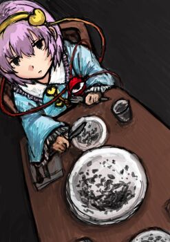 1girl chair commentary_request cup cutlery dade_ne fork highres holding holding_fork knife komeiji_satori looking_at_viewer medium_hair plate solo table table_knife touhou