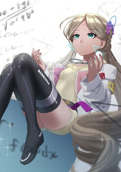 absurdres bindi dark-skinned_female dark_skin earrings equation green_eyes green_hair heaven_burns_red highres indian jewelry lab_coat math necklace nil_(pixiv_53614557) petite solo solo_focus thighhighs twintails vritika_balakrishnan