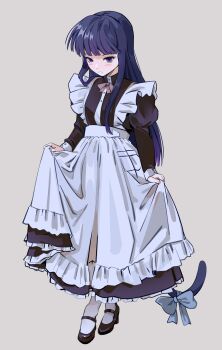1girl absurdres alternate_costume apron black_dress blue_bow blue_hair blush bow bowtie cat_tail dress enmaided frederica_bernkastel frilled_apron frilled_dress frills highres maid maid_apron pink_bow pink_bowtie puffy_sleeves purple_eyes solo tail tail_bow tail_ornament umineko_no_naku_koro_ni uneasywolf waist_apron white_apron