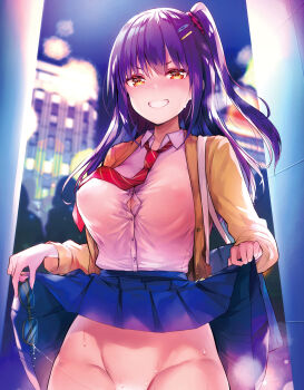 1girl absurdres alley ayaka_(yuutousei_ayaka_no_uraomote) bag blurry blurry_background breasts building bursting_breasts clothes_lift commentary_request covered_erect_nipples diagonal-striped_clothes diagonal-striped_necktie glasses grin hexagon highres hisama_kumako holding holding_removed_eyewear jacket large_breasts lens_flare lifting_own_clothes necktie no_panties one_side_up orange_eyes out-of-frame_censoring pleated_skirt purple_hair pussy_juice school_bag school_uniform skirt skirt_lift smile solo_focus striped_clothes striped_necktie sweat unworn_eyewear v-shaped_eyebrows yellow_jacket yuutousei_ayaka_no_uraomote