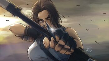 1girl aiming aiming_at_viewer arrow_(projectile) black_gloves bow_(weapon) breasts brown_eyes brown_hair fingerless_gloves gloves grey_sky grey_tank_top highres holding holding_bow_(weapon) holding_weapon illyne_cosplay lara_croft large_breasts looking_at_viewer outdoors signature sky solo tank_top tomb_raider tomb_raider:_the_legend_of_lara_croft tomb_raider_(reboot) upper_body weapon