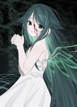 Rule 34 | 1girl, blood, blood on face, commentary request, dress, eyelashes, green eyes, green hair, green wings, hair flaps, highres, interlocked fingers, long hair, looking at viewer, looking to the side, lvx ccc, own hands together, parted lips, saya (saya no uta), saya no uta, sidelocks, solo, sundress, twitter username, very long hair, white dress, wings