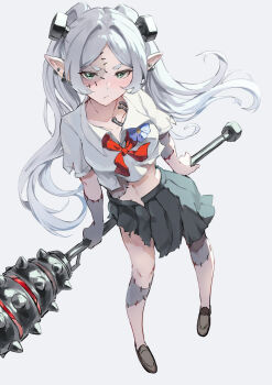 1girl angry breasts cleavage collarbone collared_shirt elf floating_hair frieren from_above halloween halloween_costume highres holding holding_mallet holding_weapon jojobirdz long_hair looking_at_viewer mallet medium_breasts midriff navel pale_skin pleated_skirt pointy_ears sewn_together shirt simple_background skirt solo sousou_no_frieren torn_clothes twintails weapon white_background white_hair