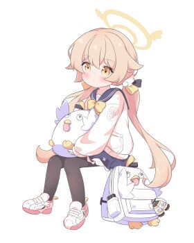 backpack bad_tag bag black_leggings black_sailor_collar blue_archive blue_sailor_collar blue_skirt blush bow brown_hair cardigan closed_mouth frilled_skirt frills full_body hair_ornament halo hifumi_(blue_archive) highres leggings long_hair low_twintails peroro_(blue_archive) pleated_skirt puffy_sleeves sailor_collar school_uniform shirousagi_(user_erwx7425) shoes sitting skirt sneakers stuffed_toy twintails very_long_hair white_background white_bag white_cardigan white_shoes wing_hair_ornament yellow_eyes