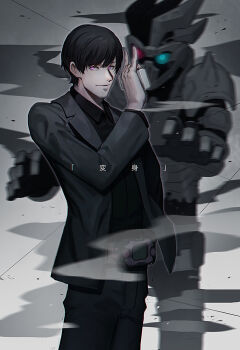 Rule 34 | 2boys, armor, black hair, black jacket, black shirt, blue eyes, bodysuit, dan kuroto, dangerous zombie level x, dual persona, evil grin, evil smile, formal clothes, gas mask, gashat, glowing, glowing eyes, grin, hair slicked back, henshin pose, heterochromia, jacket, kamen rider, kamen rider ex-aid (series), kamen rider genm, looking at viewer, male focus, mask, multiple boys, necktie, outstretched arms, pink eyes, red eyes, rider belt, rider gashat, shirt, smile, solo, upper body, white armor, za tatsumi, zombie, zombie pose