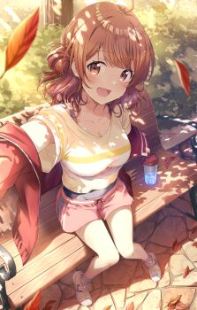 1girl :d autumn bench blush bottle breasts brown_eyes brown_hair cleavage cobblestone collarbone commentary_request cup drink gakuen_idolmaster hanami_ume highres idolmaster jacket knees_together_feet_apart leaf looking_at_viewer maple_leaf medium_breasts medium_hair murasaki_himuro on_bench open_mouth outdoors pavement red_jacket red_shorts selfie shade shirt shoes shorts sitting smile sneakers solo sports_bottle striped_clothes striped_shirt super_stamina_drink_(gakuen_idolmaster) sweat white_shirt