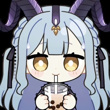 1girl animated animated_gif arknights bang_dream! bang_dream!_it&#039;s_mygo!!!!! black_horns black_ribbon blue_hair blunt_bangs blush_stickers bright_pupils bubble_tea chibi chibi_only chunye_haruya closed_mouth cup curled_horns disposable_cup dot_nose hair_ribbon holding holding_cup horns long_hair looking_at_viewer lowres rayman_limbs ribbon sidelocks simple_background solo togawa_sakiko togawa_sakiko_(master_of_melodia) transparent_background upper_body white_pupils yellow_eyes