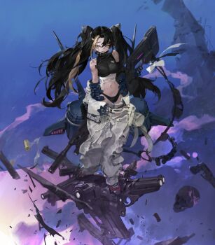 Rule 34 | 1girl, aircraft, airplane, black hair, character request, copyright request, full body, gun, navel, pants, rifle, skull, sniper rifle, standing, tank top, twintails, wan young yun, weapon, white pants