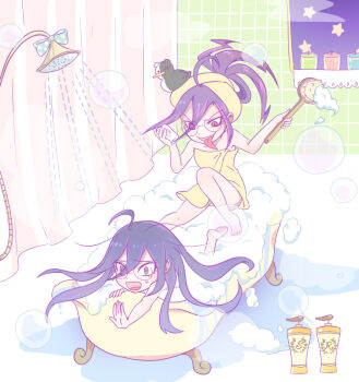 2girls ahoge barefoot bath bath_brush bathtub bubble bubble_bath candle claw_foot_bathtub commentary_request danganronpa_(series) danganronpa_another_episode:_ultra_despair_girls dual_persona eyelashes fukawa_toko genocider_sho glasses hair_between_eyes holding holding_brush indoors long_hair monokuma multiple_girls naked_towel nude open_mouth purple_eyes purple_hair red_eyes rubber_duck shared_bathing shower_curtain shower_head soap_bubbles soap_dispenser star_(symbol) sweatdrop themed_object tongue tongue_out towel towel_on_head trash04 v-shaped_eyebrows water