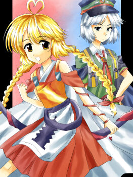 Rule 34 | 2000s (style), 2others, adoptive siblings, androgynous, anime coloring, antenna hair, arm ribbon, badge, bare shoulders, belt, black belt, black border, black cape, black hat, blonde hair, blue background, blunt bangs, border, bow, bow (weapon), braid, brooch, cape, closed mouth, collared shirt, commentary request, cowboy shot, detached sleeves, dot nose, dress, expressionless, faux retro artstyle, fujiwara no shirogane no sanra, gold medal, gradient background, green dress, green hat, grey eyes, grey hair, hair bow, hakama, hakama short skirt, hakama skirt, happy, hat, heart, heart antenna hair, heart in eye, highres, holding, holding behind back, holding bow (weapon), holding weapon, holding weapon behind back, japanese clothes, jewelry, kimono, kurokoge karubi, len'en, light frown, long hair, looking at viewer, low twin braids, military hat, military uniform, multiple others, neck ribbon, ooama no ake no mitori, open mouth, other focus, outside border, pagoda, parted bangs, peaked cap, pillarboxed, print headwear, print tabard, red background, red bow, red hakama, red kimono, red ribbon, red sleeves, ribbon, shirt, shirt under dress, short hair, short sleeves, skirt, sleeveless, sleeveless kimono, smile, standing, star (symbol), symbol in eye, tabard, tareme, tsurime, twin braids, two-tone background, two-tone headwear, very long hair, weapon, white cape, white shirt, white tabard, wing print, yellow eyes, yin yang, yin yang print
