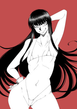 @_@ alucard_(hellsing) bikini breasts closed_mouth collarbone girlycard gloves greyscale hellsing hellsing:_the_dawn highres hikora long_hair looking_at_viewer micro_bikini monochrome navel smile swimsuit thong_bikini