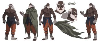 1boy abs balding bandaged_foot bandaged_hand bandages bara beard reference_sheet cloak critical_role dark-skinned_male dark_skin dungeons_&amp;_dragons facial_hair forked_eyebrows from_behind from_side groon_(critical_role) highres large_pectorals long_beard long_hair looking_to_the_side male_focus multiple_views muscular muscular_male nipples official_art old old_man pectorals phil_bourassa ponytail stomach the_legend_of_vox_machina thick_eyebrows topless_male