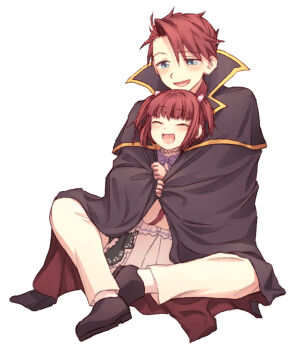 1boy 1girl :d affectionate black_cape black_shoes blue_eyes brother_and_sister cape child closed_eyes happy highres hswoimuxk0pwr0h_(bbdan) hug hug_from_behind open_mouth red_hair shoes siblings simple_background sitting smile twilight_of_the_golden_witch two_side_up umineko_no_naku_koro_ni ushiromiya_ange ushiromiya_battler white_background
