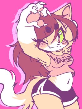 1girl :3 ;3 absurdres arms_up black_shorts body_fur bright_pupils brown_fur brown_hair clothes_writing colored_sclera commentary crop_top drop_shadow english_commentary eyes_visible_through_hair fang fang_out furry furry_female green_sclera highres long_hair looking_at_viewer midriff one_eye_closed original pawpads pink_background pink_eyes pink_shirt purple_background shirt short_shorts shorts simple_background smile sodabytes solo tail two-tone_fur white_fur white_pupils wikipedia