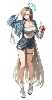 1girl absurdres asuna_(blue_archive) blonde_hair blue_archive blue_eyes bracelet breasts commentary denim denim_shorts earrings full_body halo highres hoop_earrings jacket jewelry large_breasts long_hair long_sleeves looking_at_viewer mole mole_on_breast navel necklace shoes shorts simple_background smile socks solo teeth thigh_strap very_long_hair white_background yohwa