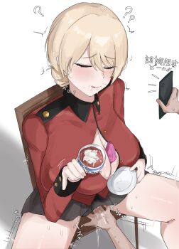 1boy 1girl blonde_hair blush breasts closed_eyes condom condom_wrapper cum cum_in_container cum_in_mouth cup darjeeling_(girls_und_panzer) drinking_glass fingering girls_und_panzer hetero holding holding_cup large_breasts licking_lips ltiki naughty_face smile st._gloriana's_military_uniform stray_pubic_hair swallowing sweat tea tongue tongue_out