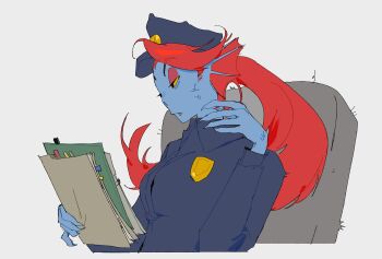 1girl 2025 abcdefz_7 absurdres badge black_hat black_jacket blue_skin chief_undyne colored_sclera colored_skin cropped_torso deltarune fins fish_girl from_side hand_up hat head_fins highres holding holding_paper jacket long_hair paper police police_badge police_hat police_uniform policewoman ponytail red_hair scales simple_background solo undyne upper_body utdr_(toby_fox) white_background yellow_sclera