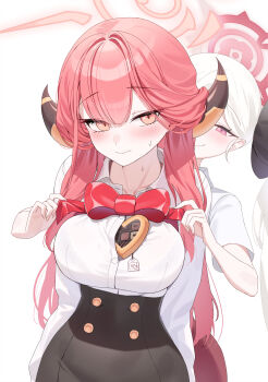 Rule 34 | 2girls, absurdres, aru (blue archive), averting eyes, black flower, black skirt, blue archive, blush, bow, box, box of chocolates, breasts, brown horns, commentary, dress shirt, embarrassed, flower, hair flower, hair ornament, halo, heart-shaped box, high-waist skirt, highres, horns, large breasts, light blush, long hair, looking at viewer, looking to the side, low horns, multiple girls, mutsuki (blue archive), object on breast, orange eyes, orange halo, pink hair, purple eyes, red bow, red halo, sgholln, shirt, side ponytail, simple background, skirt, small sweatdrop, smile, sweat, upper body, valentine, white background, white hair, white shirt