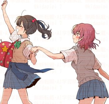 Rule 34 | 2girls, bag, black hair, blue skirt, blush, bow, commentary request, green bow, holding hands, kidapipi 7, long hair, love live!, love live! school idol project, multiple girls, nishikino maki, open mouth, purple eyes, red hair, school uniform, shirt, short hair, short twintails, shoulder bag, skirt, smile, sweater, twintails, watermark, white background, white shirt, yazawa nico, yuri