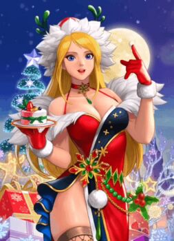 1girl animated animated_gif b._jenet b.jenet blonde_hair blue_eyes bouncing_breasts breasts christmas cleavage coat cream dress female_focus fluffy gloves hand_up hat huge_breasts jiggle large_breasts licking long_hair looking_at_viewer outdoors pale_skin shiny_clothes shiny_skin skirt smile smiley_face snow snowing standing the_king_of_fighters the_king_of_fighters_all-stars thick_thighs thighhighs thighs tongue tongue_out