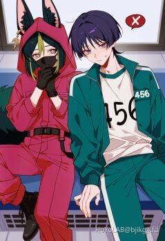 2boys alternate_costume alternate_universe animal_ear_piercing animal_ears aqua_jacket aqua_pants belt bishounen bjikgjkfd black_belt black_boots black_hair black_mask boots breast_pocket bright_pupils crossover ears_through_hood feet_out_of_frame from_above genshin_impact green_hair hands_up highres hood hood_up hooded_jumpsuit hoyolab_username jacket jumpsuit long_sleeves looking_at_another looking_at_viewer male_focus mask mouth_mask multiple_boys no_headwear open_clothes open_jacket own_hands_together pants parted_lips pink_jumpsuit pocket purple_hair scaramouche_(genshin_impact) shirt shoulder-to-shoulder side-by-side sitting spoken_x squid_game sweatdrop tighnari_(genshin_impact) wanderer_(genshin_impact) white_pupils white_shirt worker_(squid_game)
