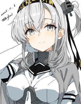 1girl absurdres bigkwl black_hairband breasts cape closed_mouth commentary dated dated_commentary grey_cape grey_eyes grey_hair hairband highres kantai_collection long_hair looking_at_viewer medium_breasts one-hour_drawing_challenge shirt short_sleeves simple_background smile solo suzutsuki_(kancolle) twitter_username upper_body white_background white_shirt