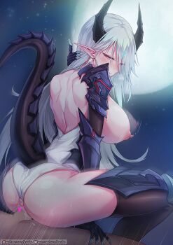 Rule 34 | 1boy, 1girl, anus, armor, ass, blush, bouncing breasts, breasts, censored, clothing aside, cowgirl position, dragon girl, dragon horns, dragon tail, epic seven, forehead jewel, full moon, gauntlets, girl on top, half-closed eyes, heart, heart censor, hetero, horns, large breasts, long hair, looking at viewer, luna (epic seven), moon, mosaic censoring, night, nipples, outdoors, penis, pointy ears, rebe11, red eyes, reverse cowgirl position, sex, sex from behind, sky, smile, solo focus, star (sky), starry sky, straddling, sweat, tail, thighhighs, vaginal, very long hair, white hair