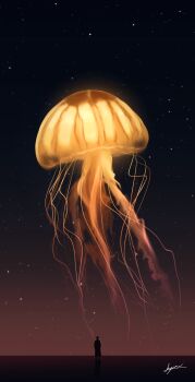 1other ambiguous_gender animal animal_focus chinese_commentary commentary_request dusk h_yuusui highres horizon jellyfish original signature silhouette sky standing star_(sky) starry_sky very_wide_shot