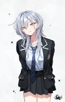 1girl absurdres arms_behind_back black_jacket black_skirt blue_eyes blue_necktie closed_mouth commentary_request cowboy_shot diagonal-striped_clothes diagonal-striped_necktie ear_piercing grey_hair haimiya_mio_(kamiyama_sumu) hair_between_eyes highres jacket kamiyama_sumu leaning_forward long_hair looking_at_viewer miniskirt mole mole_under_eye necktie open_clothes open_jacket original piercing pleated_skirt school_uniform shirt signature simple_background skirt solo striped_clothes white_background white_shirt