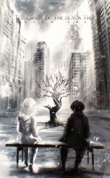 1boy 1girl bare_tree bench black_hair black_jacket city coat commentary english_commentary from_behind full_body highres hood hood_down illithii in-universe_location jacket light_rays nephis_(shadow_slave) shadow_slave short_hair sitting snowing sunny_(shadow_slave) tree white_coat white_hair winter